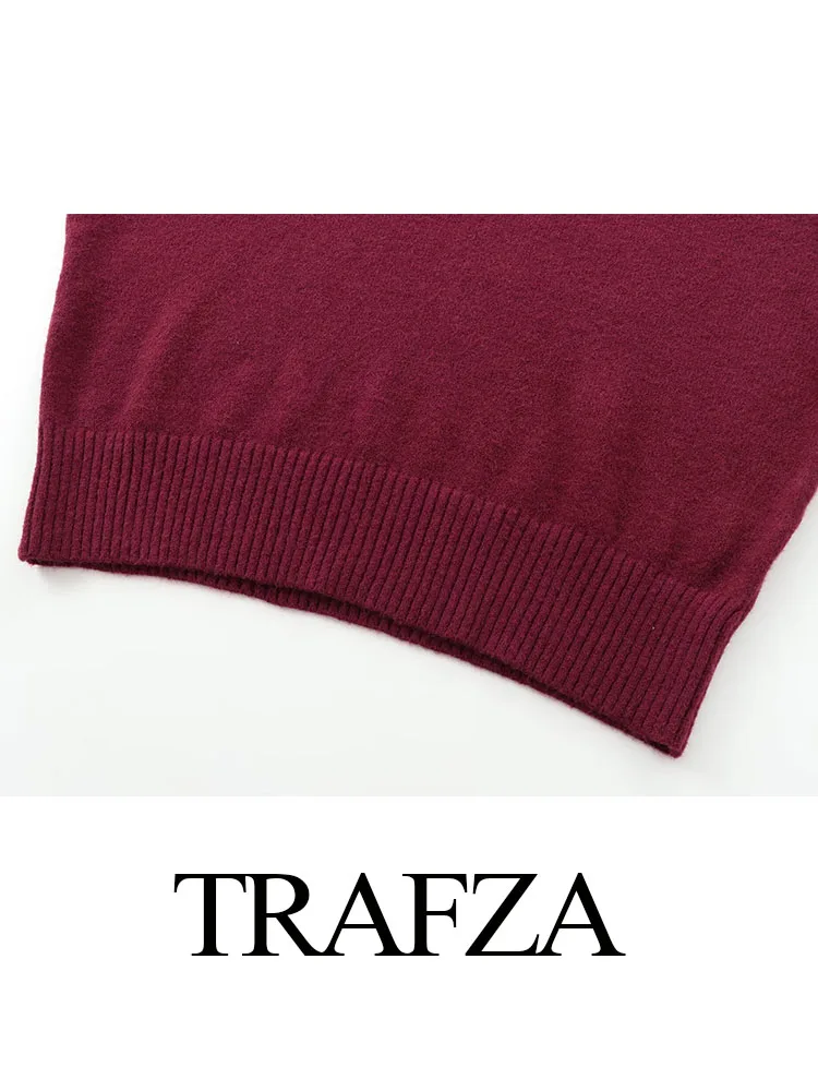 TRAFZA Autumn Female Chic Solid Round Neck Long Sleeve Pullover Sweater Women\'s Elegant High Street Casual 3-Color Sweater Mujer