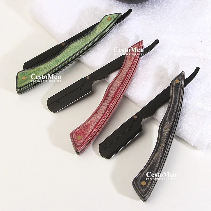 CestoMen Folding Shaving Knife Stainless Steel Blade Head Wooden Barber Straight Razor With 5 Blades Sharp Beard Hair Cut Tools