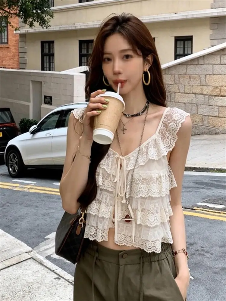 White Lace Trim Camisole Tank Top Women Summer Outdoor High Sensation Slimming Short Style Upper Apparel Commute Style