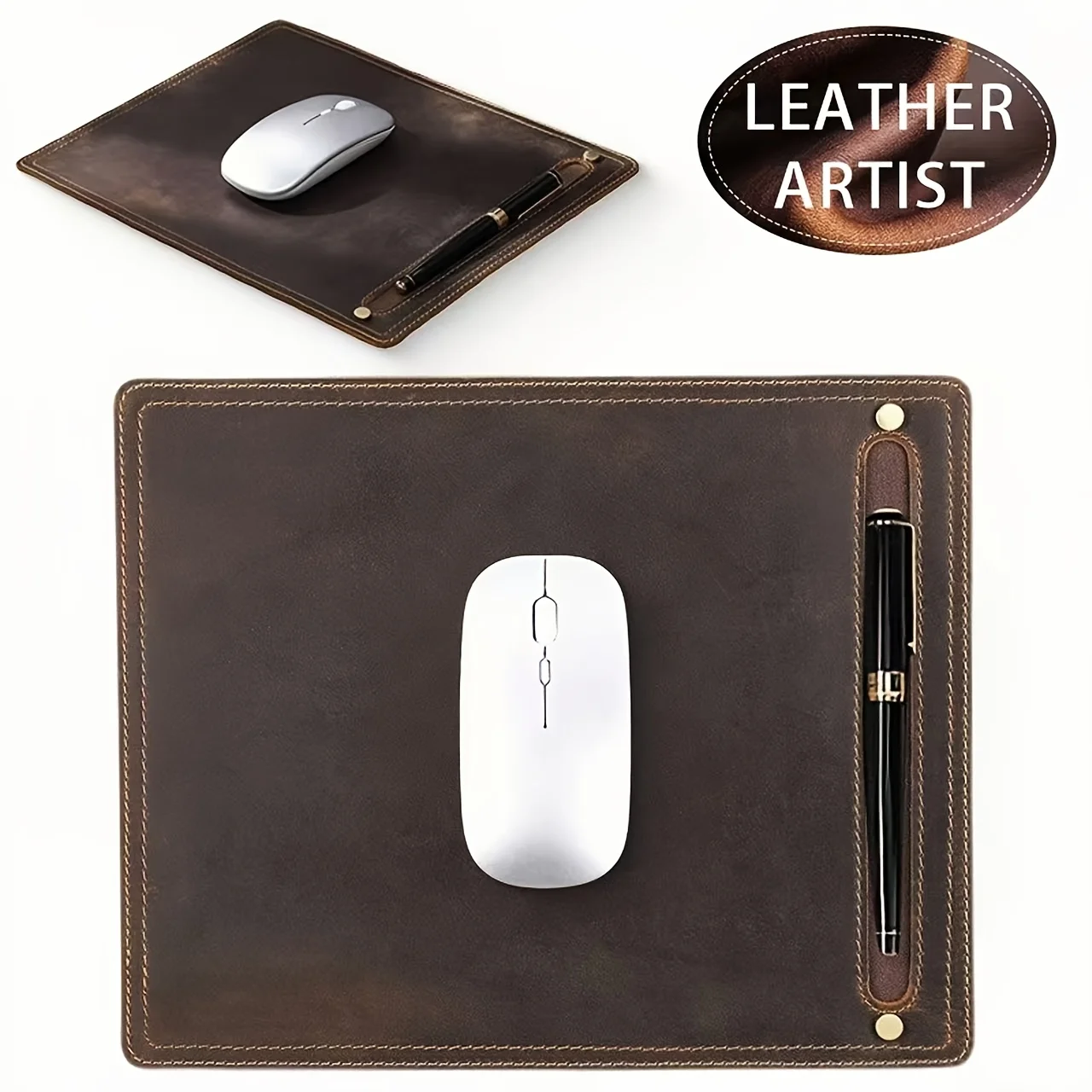 Handmade Cowhide Mouse Pad 11x9 Inch Non-Slip Genuine Leather Desk Mat with Pen Slot Ergonomic Computer Accessory Office Study