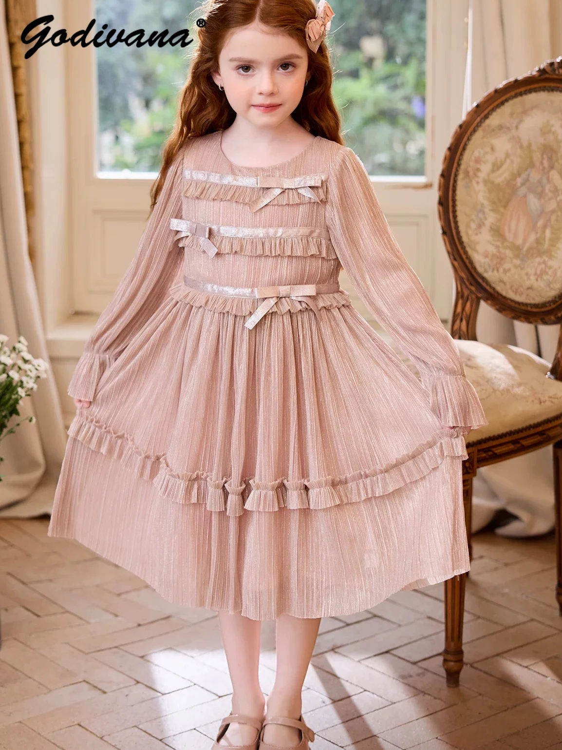 

Sweet Baby Girls Pink Fashion Princess Dress Childrens Spring and Summer High Waist O-neck Bow Mesh Ruffle Trim Casual Dresses