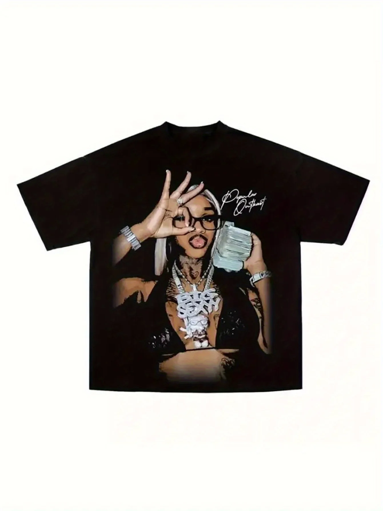 1pc Women'S Black T-Shirt with Bold Money Print & Hand Gesture 