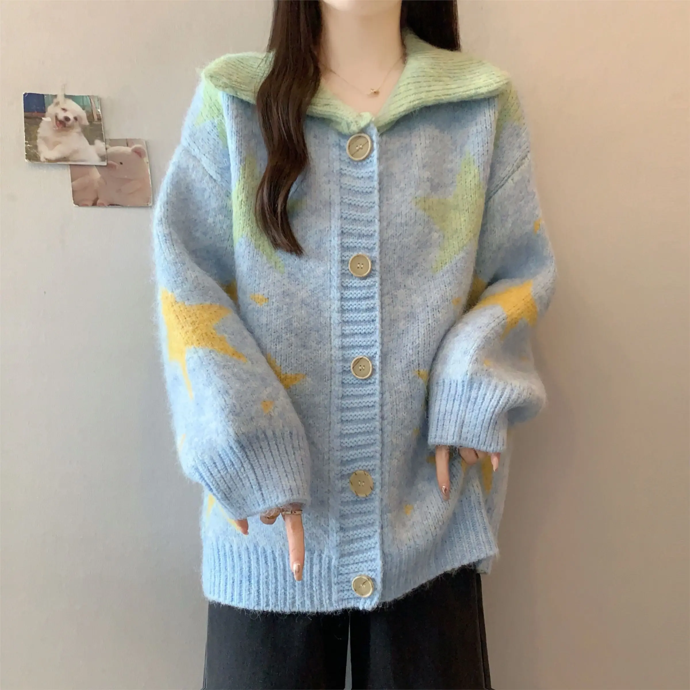 

Korejpaa Korean Style Cardigans Contrasting Color Star Embroidered Sweater Women Autumn Gentle Turn-down Collar Coats Femme