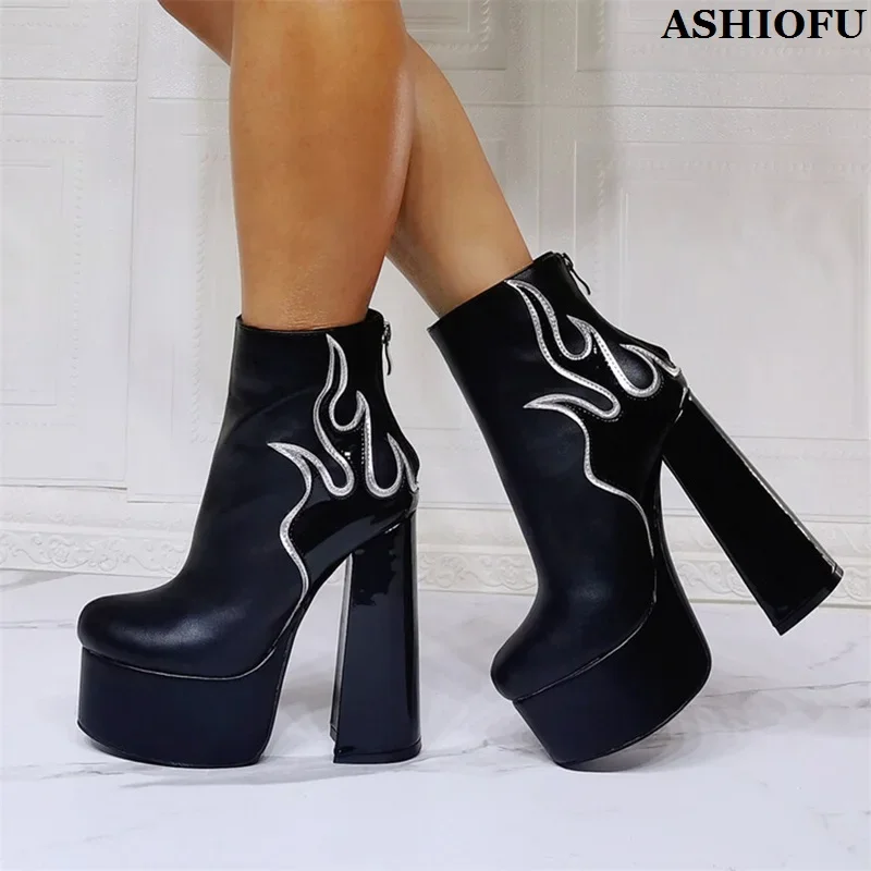 ASHIOFU New Hot Classic Stock Sale Womens Chunky Heels Boots Fire-Designed Platform Real Photos Prom Booties Fashion Party Shoes