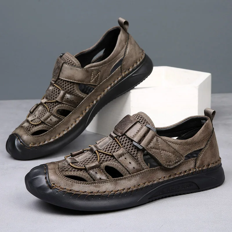 

2025 outdoors sandal Leather Shoes fallow sandal Men Shoes mesh fabric hollow out Man Flats Male gray khaki