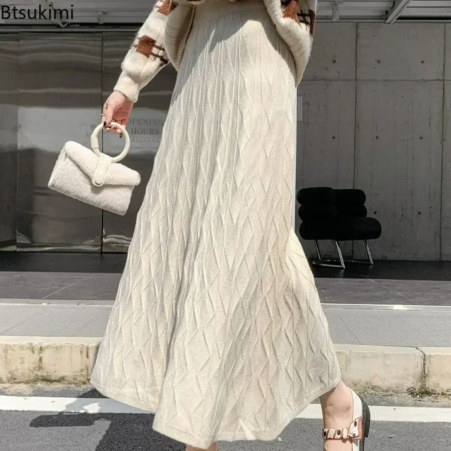 2025 Knitted Warm Skirts for Women High Waist Long Skirt Female Autumn Winter Screw Thread Korean Elegant Warm Hip Wrap Skirt