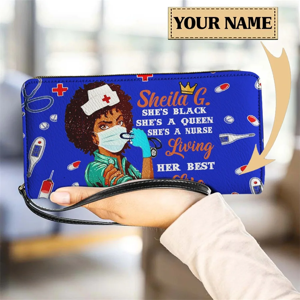 

High Quality Women PU Leather Wallet with String Pretty African Nurse Pattern Credit Card Holder Female Money Bag Bolsa Mujer