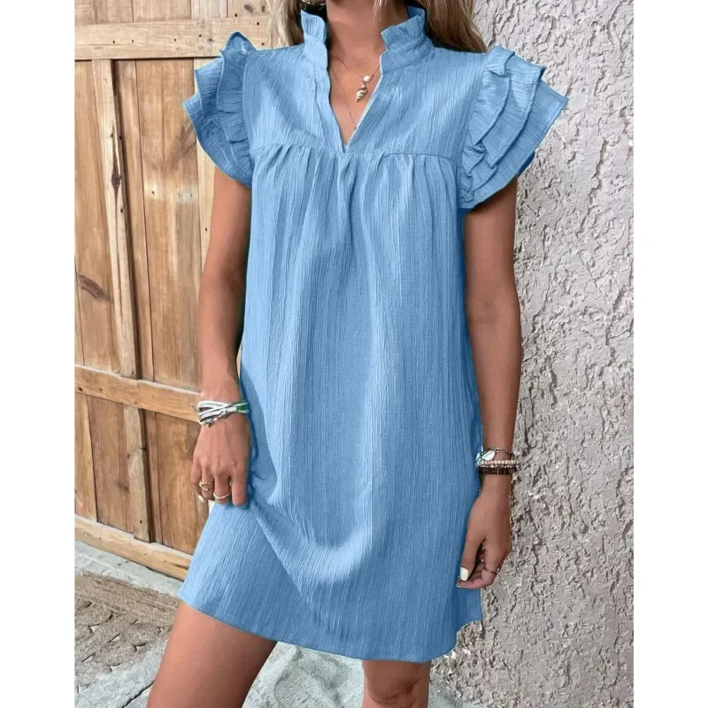 Verão nova moda feminina vestido multi camadas plissado manga com decote em v pulôver vestidos sólidos feminino mini a linha vestidos