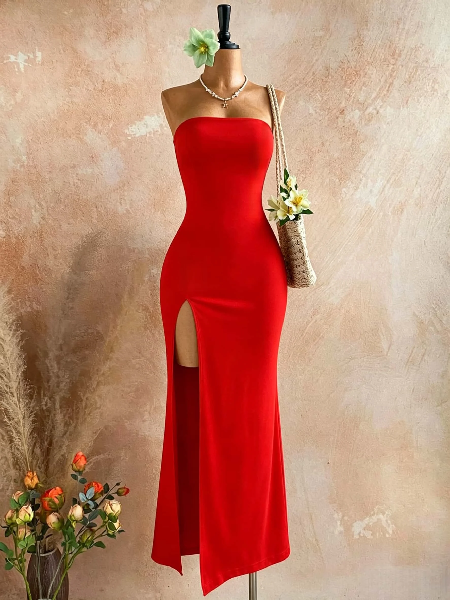 Damen Trägerloses Maxikleid mit Hohem Schlitz, Figurbetontes Sexy Langes Tube-Kleid – Detail 8