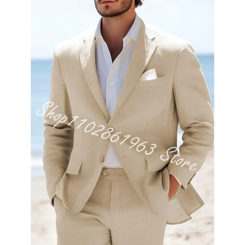 Men's Suit Linen 2 Pieces Notched Lapel Suits for Men Custom Blazer and Pants Set Slim Fit Men's Suit for Wedding Costume Homme