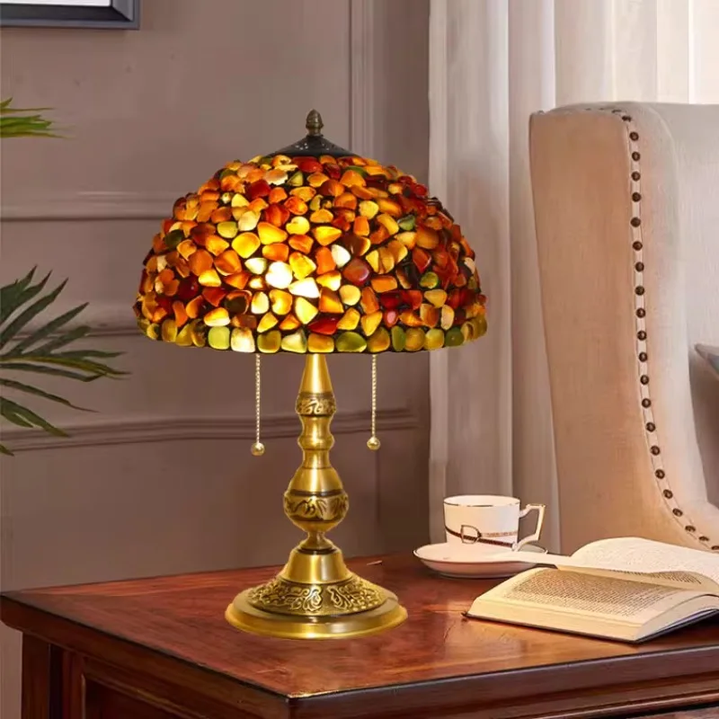 

Light luxury European retro bedside lamp, colored glass, all copper stone granules, bedroom, living room atmosphere decorative d