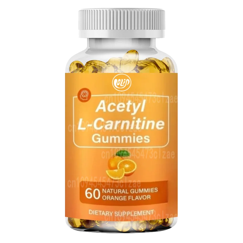 Gomitas de acetil L-carnitina para soporte de energía y función cerebral: veganas, sin OGM, sabor a naranja, 60 gommías