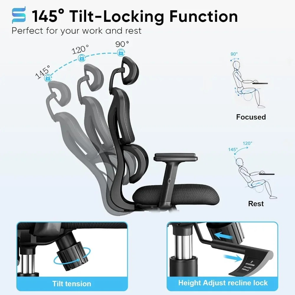 Cadeira ergonômica do escritório com malha traseira alta, cadeira de mesa com apoio lombar e encosto de cabeça ajustável, cadeira giratória do computador