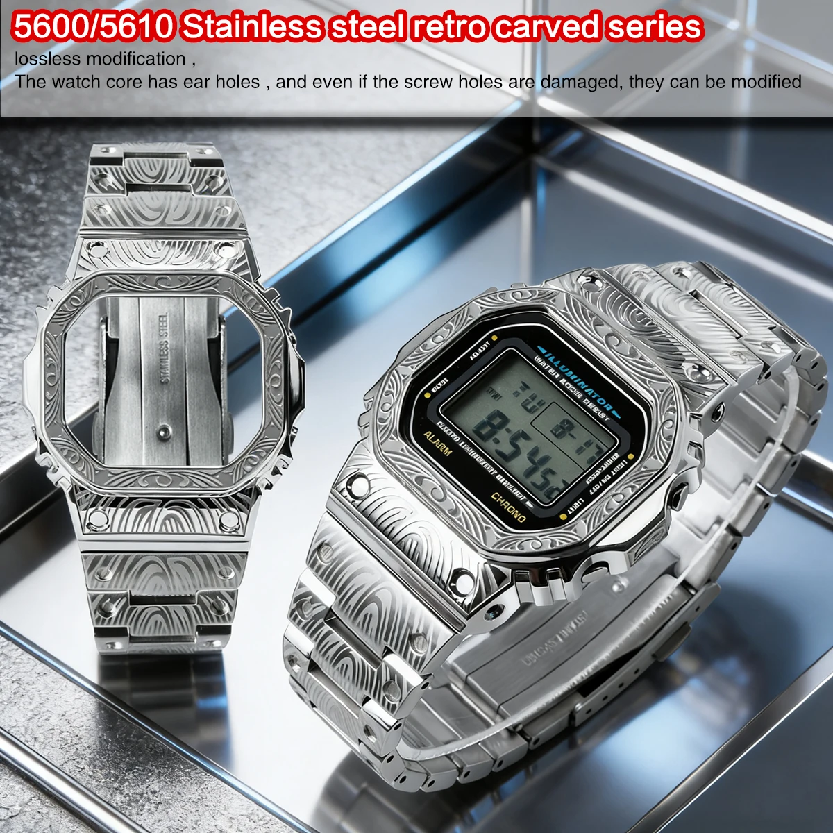 

Комплект для модификации DW5600: корпус и браслет из нержавеющей стали с тиснением, интегрированная конструкция для часов серий DW-5600, GW-M5610, G-5600