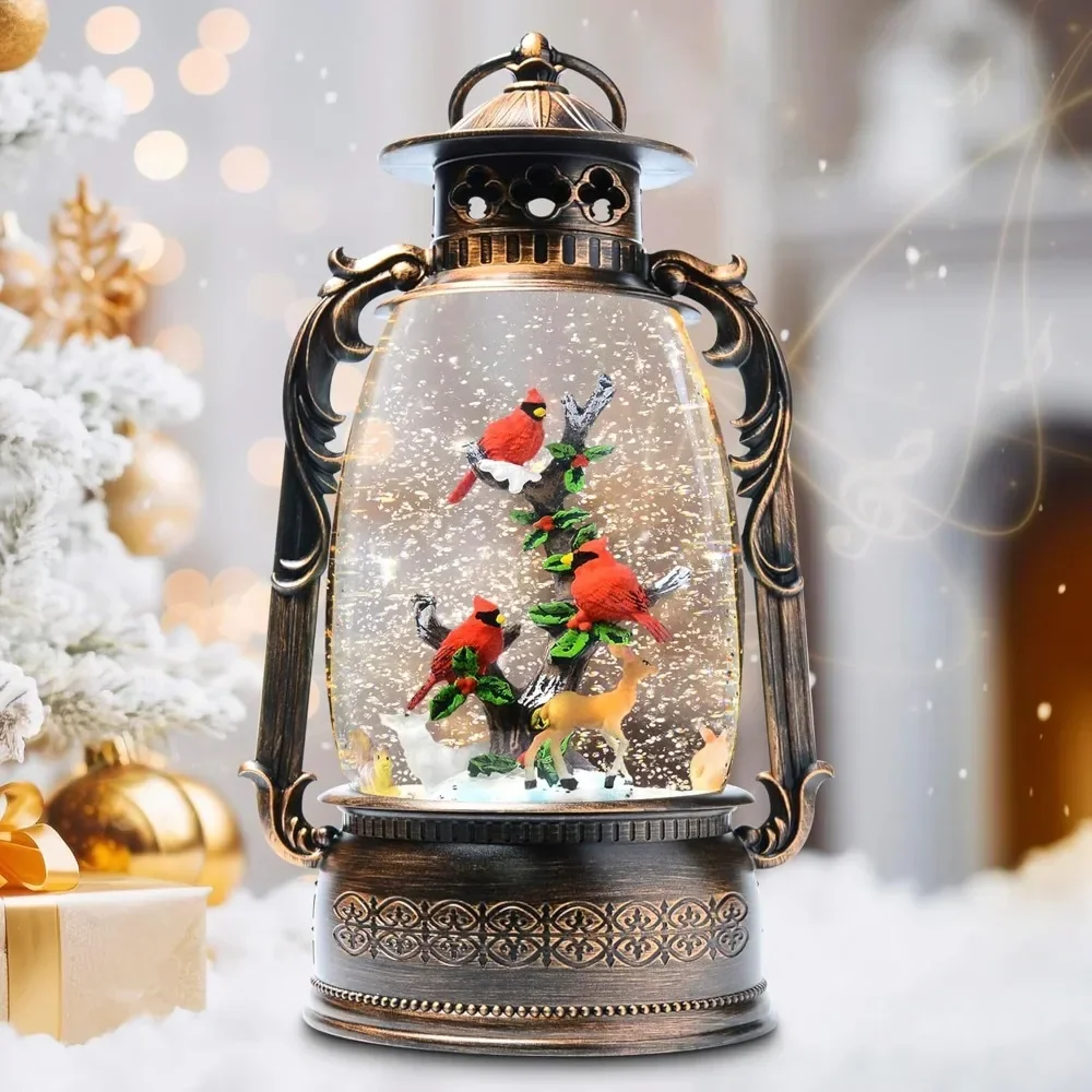 

13.4" Christmas Snow Globe Lantern with Swirling Glitter Christmas Decorations Indoor, Cardinals & Rotating Tiny Animal Lighted