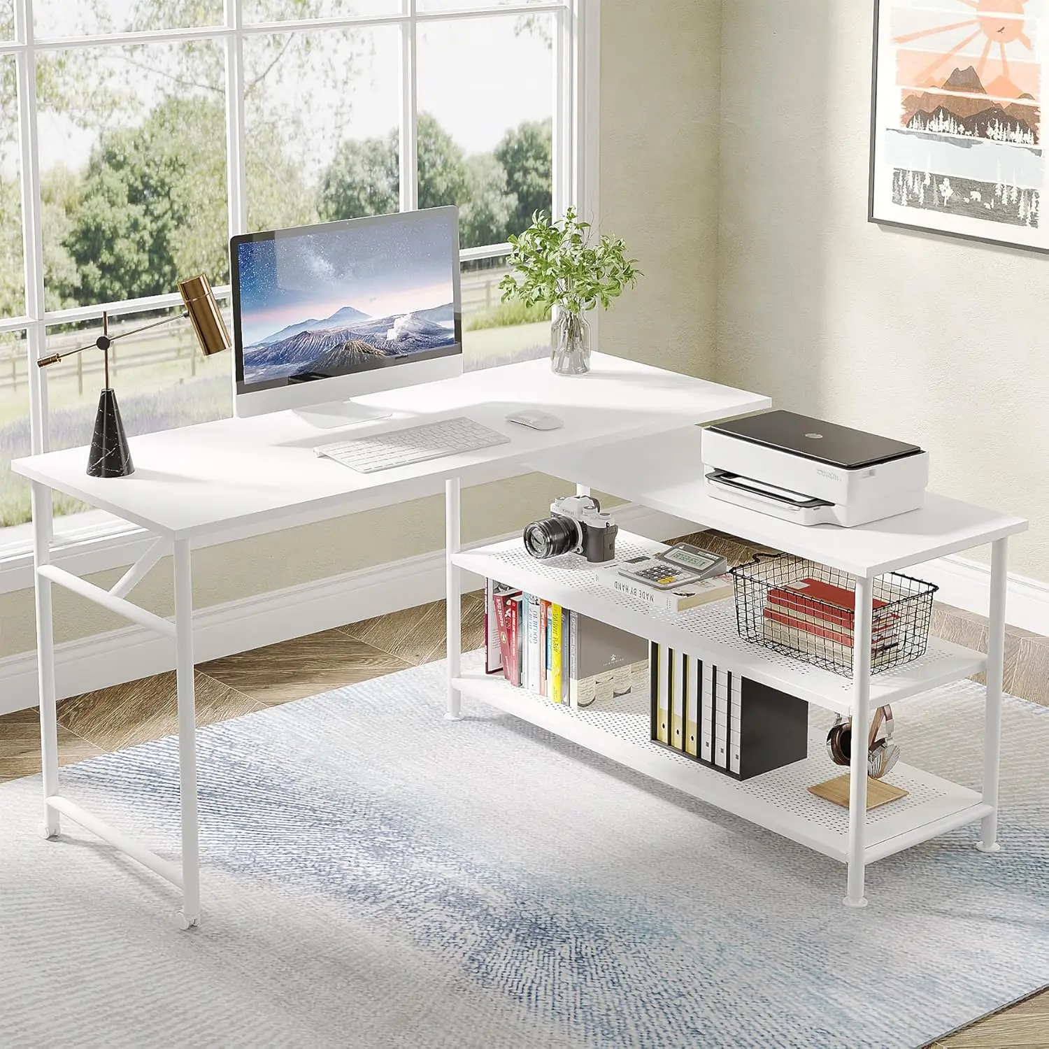 Modern L-Shaped Desk With Storage Shelves 360°Rotating Corner Computer Desk Home Office (White) Study Writing Table Open Shelves