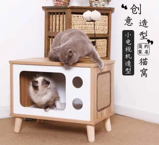 

Retro Large Wooden Cat House TV Cat Condo Bed with Scratching Pad & Cushion Furniture Scratcher Bell Ball Toys