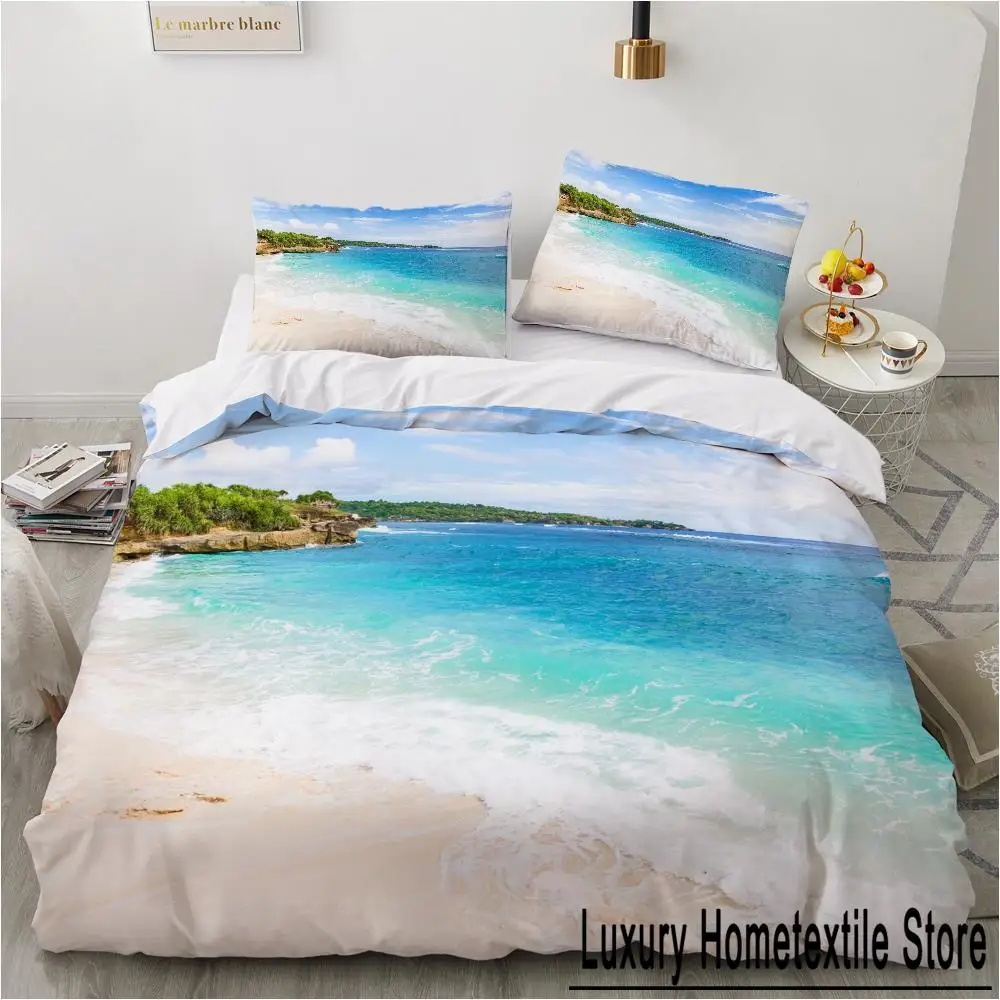 Ocean Duvet Cover Set King Size Polyester Tropic Ocean Style Sandy Shore and Sea with Waves Escape To Paradise Theme Bedding Set