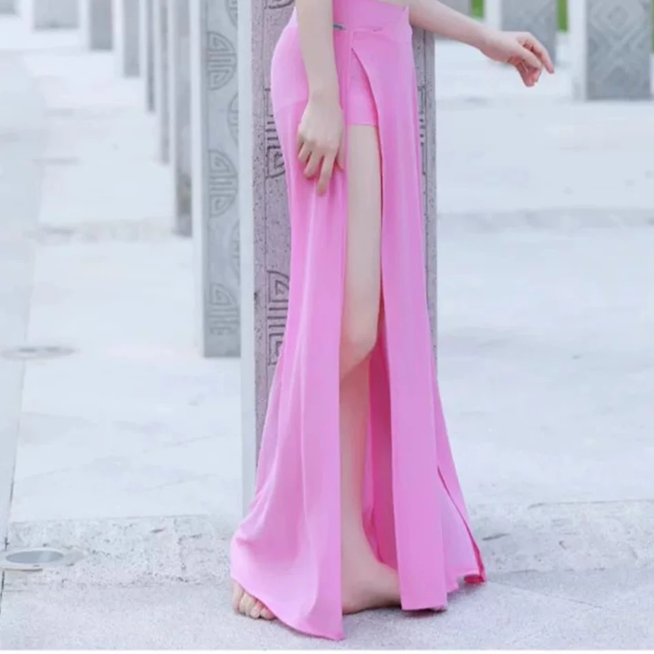 Dança do ventre sexy saias longas fenda dupla lantejoulas duplo altura fendas para as mulheres verão dança outfit terno desempenho acessórios