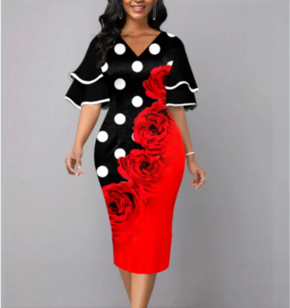 2023 Zomer Elegante Mode Oversized Vintage Print V-Hals Dubbellaags Flare Mouw Potlood Jurk Vrouwen Feest Bodycon Jurken