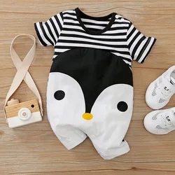 Baby Unisex BoyAndGirl Newborn Jumpsuit For Toddlers Baby Summer Short Sleeved Cartoon Cute Contrasting Striped Penguin Jumpsuit