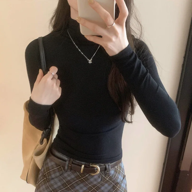 Grundlegende Baumwolle T Shirt Frauen Rollkragen Dünnes T-shirt Langarm T-shirts Weibliche Casual Elastizität Weiß T Shirt Femme Frau Top