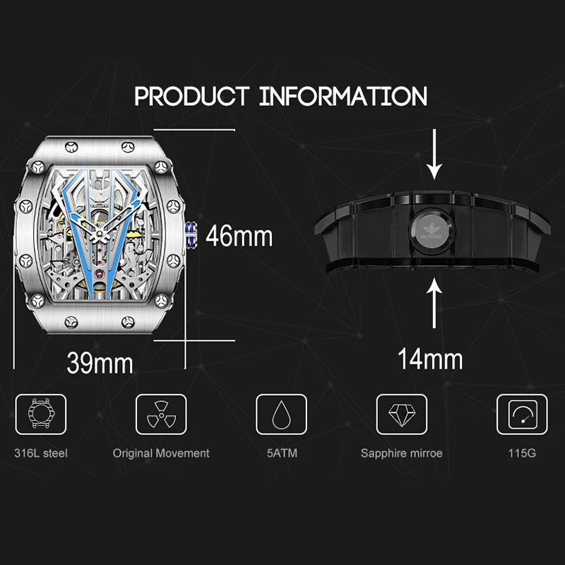 OUPINKE Top Brand Luxury Automatic Mechanical Watch for Man Waterproof Tonneau Tungsten Steel Case Sapphire Mirror Fashion Dress