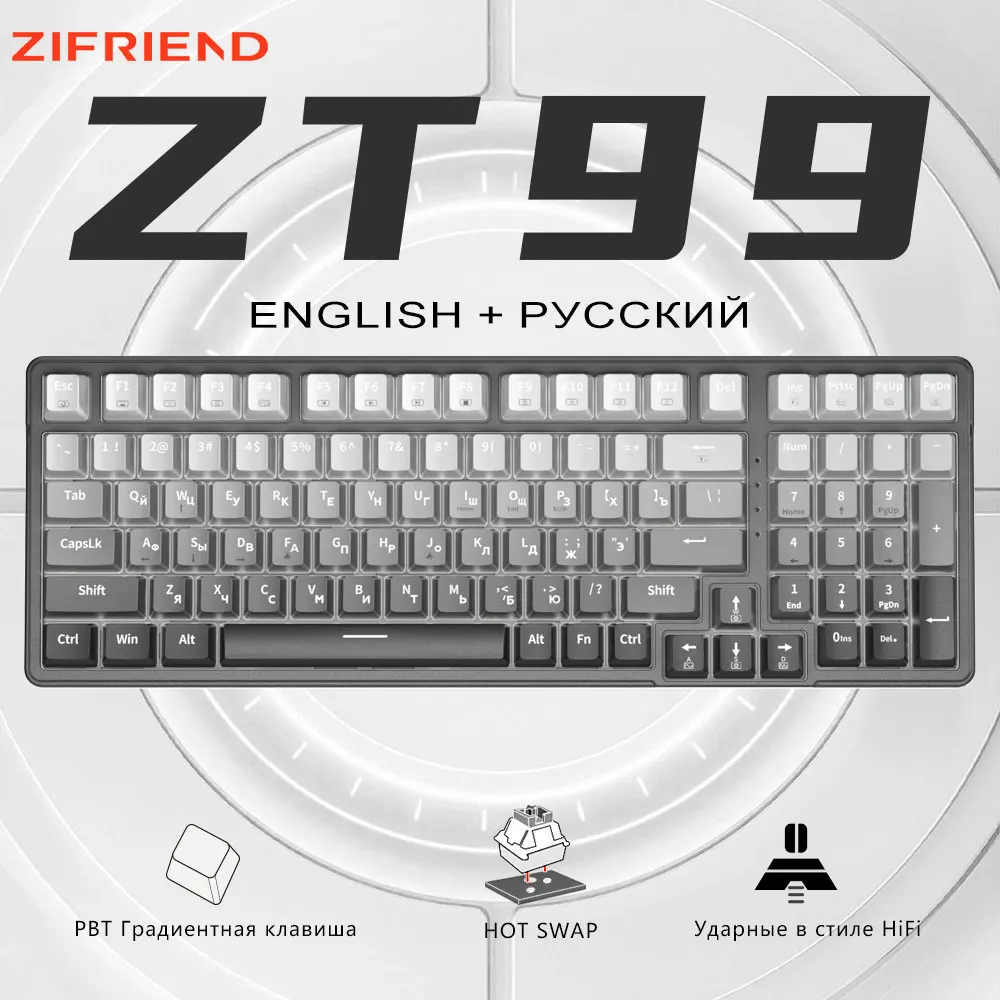 

ZIFRIEND New ZT99 Russian Mechanical Keyboard 99 Keys Wired Laser Engraving White Light Full key Hot Swap Gasket PC Office Gamer