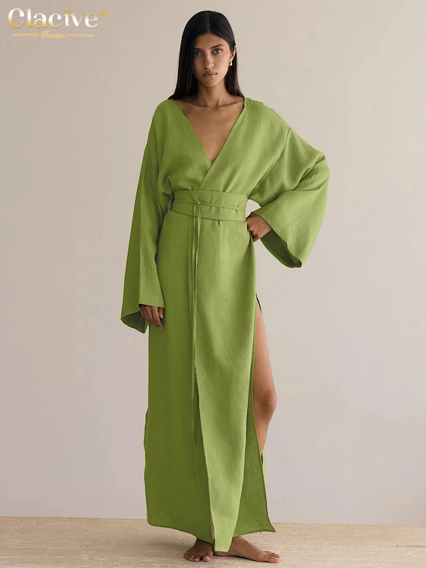 

Clacive повседневное свободное зеленое хлопковое женское платье, осень 2022, платья до щиколотки с v-образным вырезом и длинными рукавами, элегантное женское платье на шнуровке