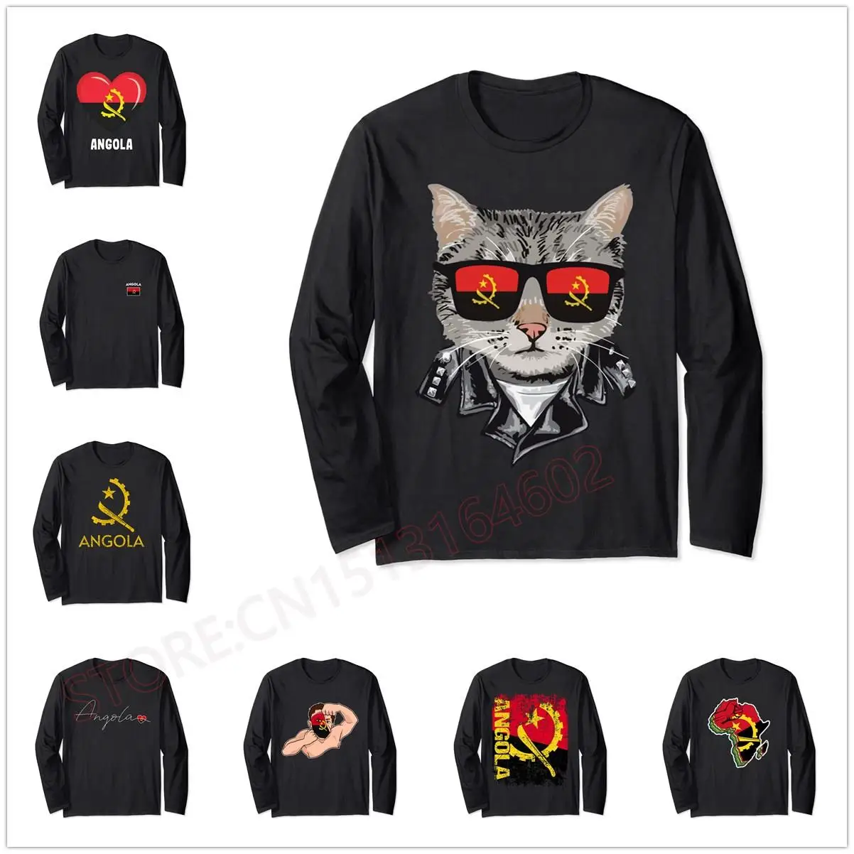 Cat Angola Flag Sunglasses Cool Angolan Cat Long Sleeve T Shirt Men Women Unisex T-Shirt LS Tops 100% Cotton Tees