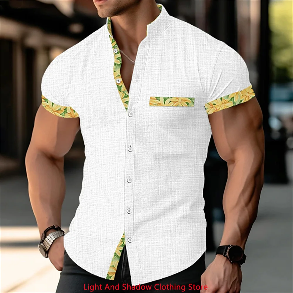 

Summer men's fashionable solid color linen patchwork printed shirt Hawaii beach vacation casual short sleeved button top XS-5XL