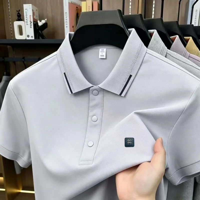 High end designer brand men's summer badge ice silk polo shirt cool lightweight breathable suitable for daily business wear
