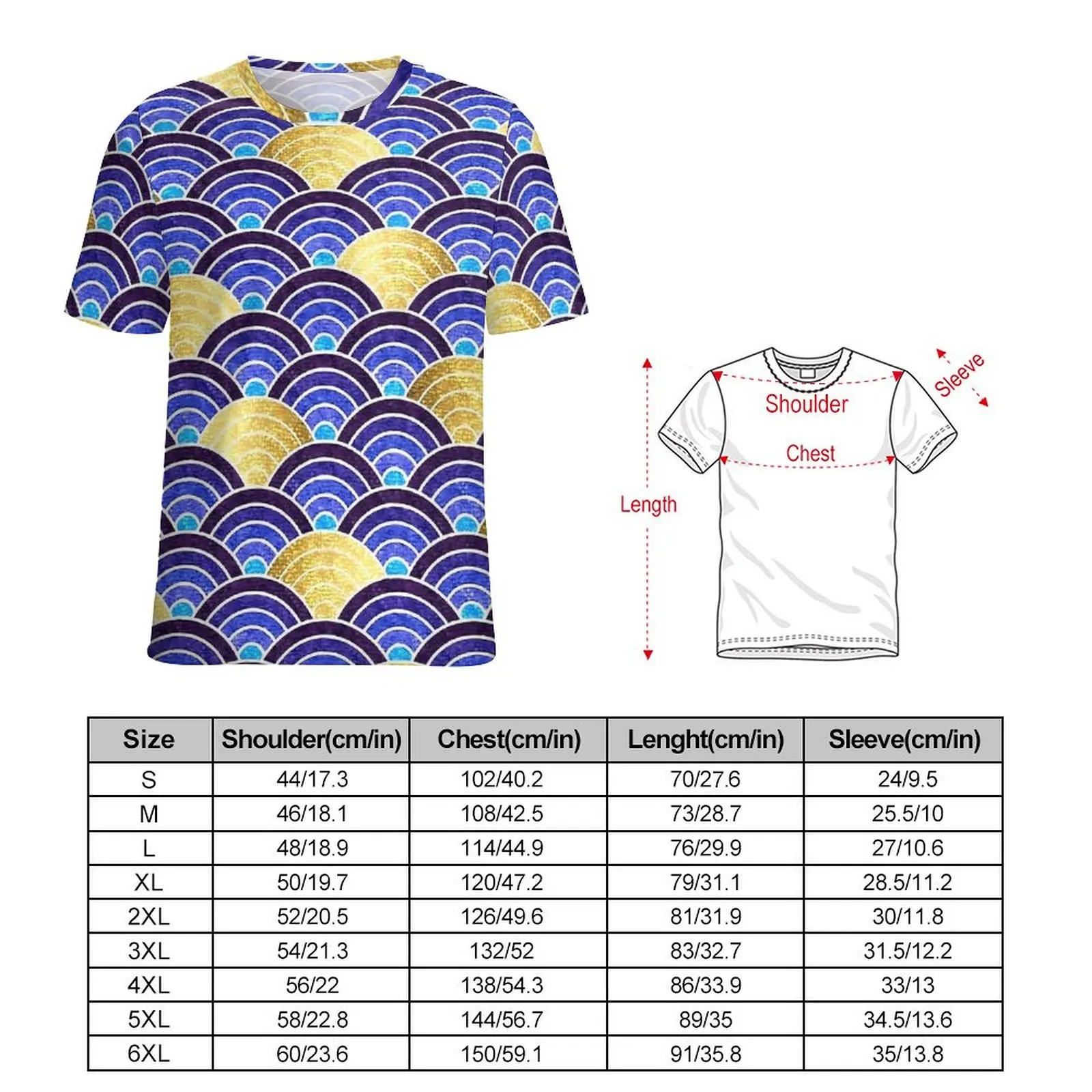 Waves Japanese Seigaiha Blue T-Shirt  Fashion T-Shirts Men Classic Tee Shirt Summer Short-Sleeve Custom Tees Plus Size 5XL 6XL