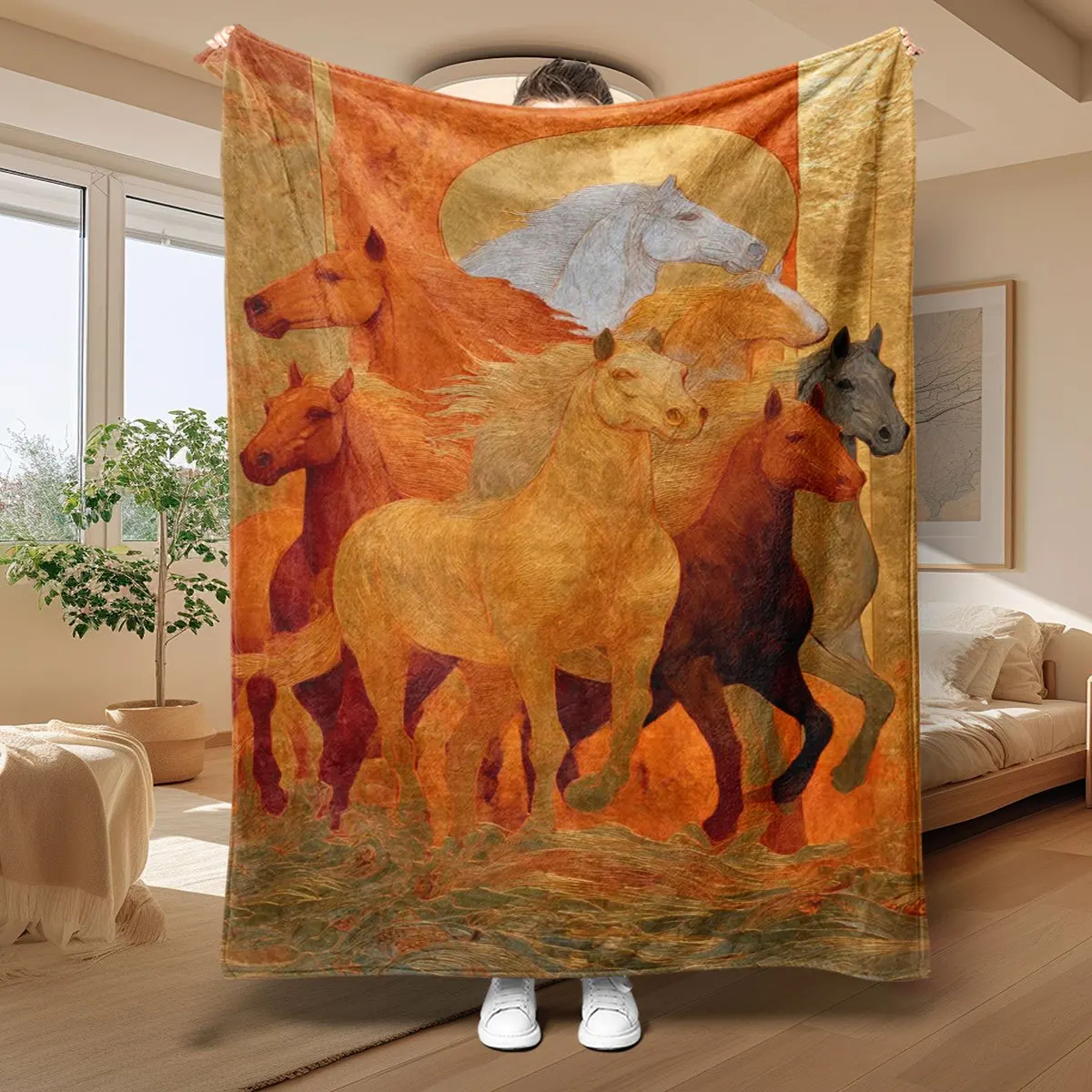 Large Horse Mural Blanket Tapestry 150x200cm Western Art Throw for Sofa Decor Rustic Equestrian Style Bedding