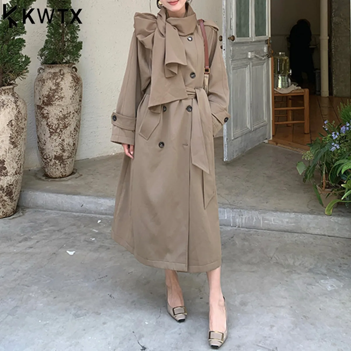 

KWTX 2025 Women's Long Trench Coat Scarf-Collar Double-Breasted Belted-Waist Pockets Vintage Luxury High Quality New Arrival