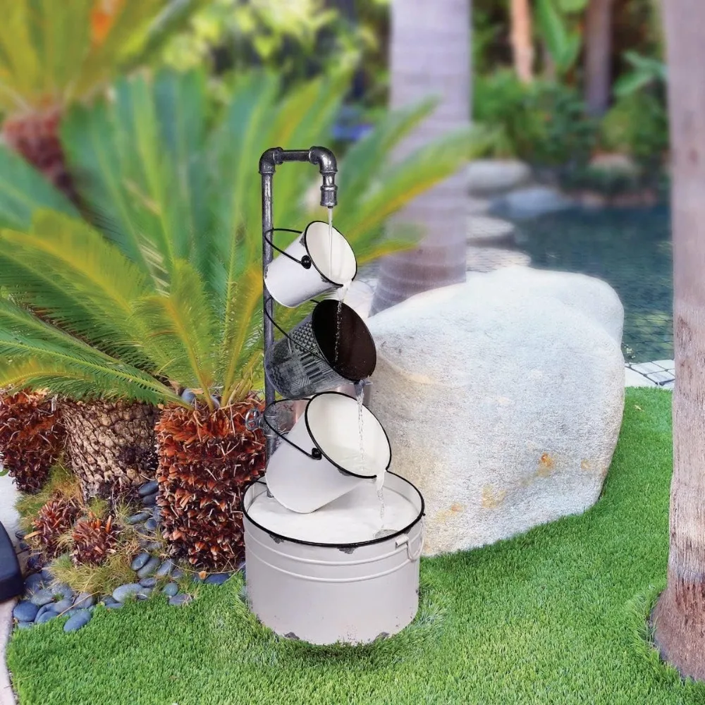 

33 Indoor/Outdoor Floor Vintage Metal Pails Fountain, Tiered Pails Garden Fountain, Water Feature