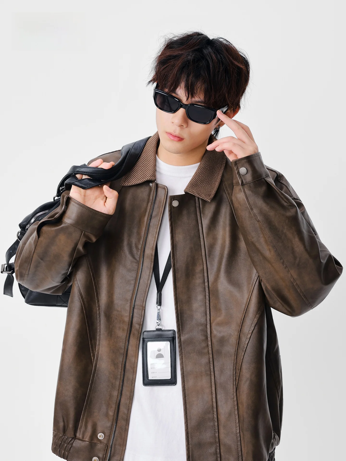 

Мужская повседневная винтажная куртка MU с воротником в рабочем стиле, универсальная, модная, брендовая, для пар, кожаное пальто, молодежный энергичный стиль