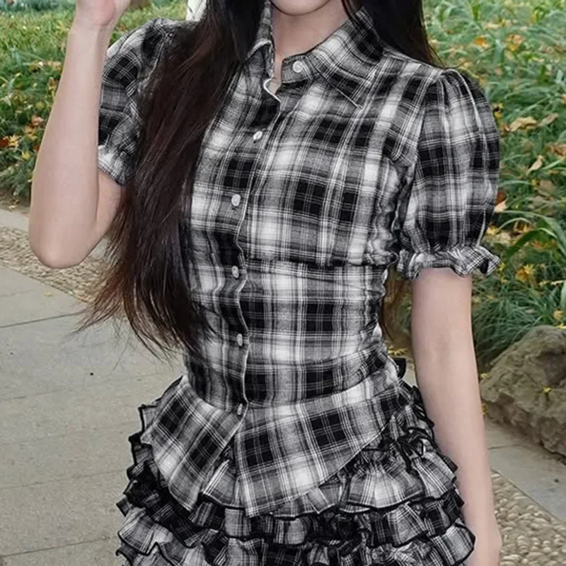 

Vintage Plaid Short Sleeve Casual Shirts Gentle Sweet Turndown Collar Button Frill Puff Sleeve Shirt Spring Summer Tops