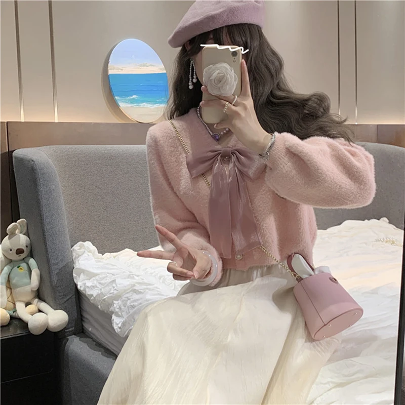 Women New Style V-neck Bow Sweater Autumn Winter Sweet Short Cardigan Loose Love Shaped Single Breasted Long Sleeve Pink Top