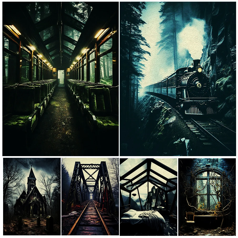 Steam Train And Abandoned Carriages Vintage Wall Art Canvas Print Ruined Church Gothic Photo Art Poster Print Home Decoration