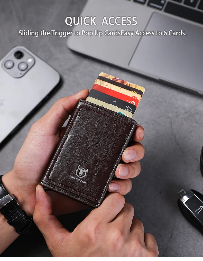 Bullcaptain Credit Card Holder Men Wallet RFID Blocking Protected Aluminium Box Leather Wallets with Money Clip Card Holder