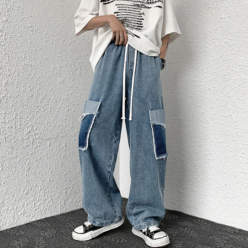 Jeans Men Patchwork Personality Drawstring Baggy Hip Hop Students Popular Aesthetic Mopping Trousers Versatile Gradient Color