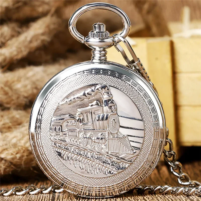 Bronze Railway Hand Wind Mechanical Pocket Watch Running Steam Train FOB Chain Double Hunter Pendant Clock Men Women Gift