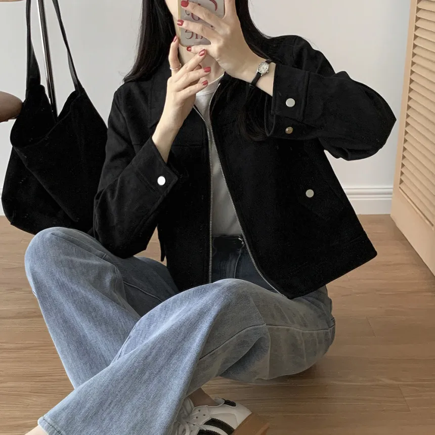 Inverno ort Svel Biker Sle Cappotto lungo Sve Tessuto scamosciato morbido Chiusura con cerniera Capispalla da donna coreano Sle Jaet