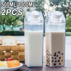 2Pcs Leakproof Food Grade Milk Carton Outdoor Clear Juice Bottle Square Milk Cup Portable Drink Juice Container Refrigerator