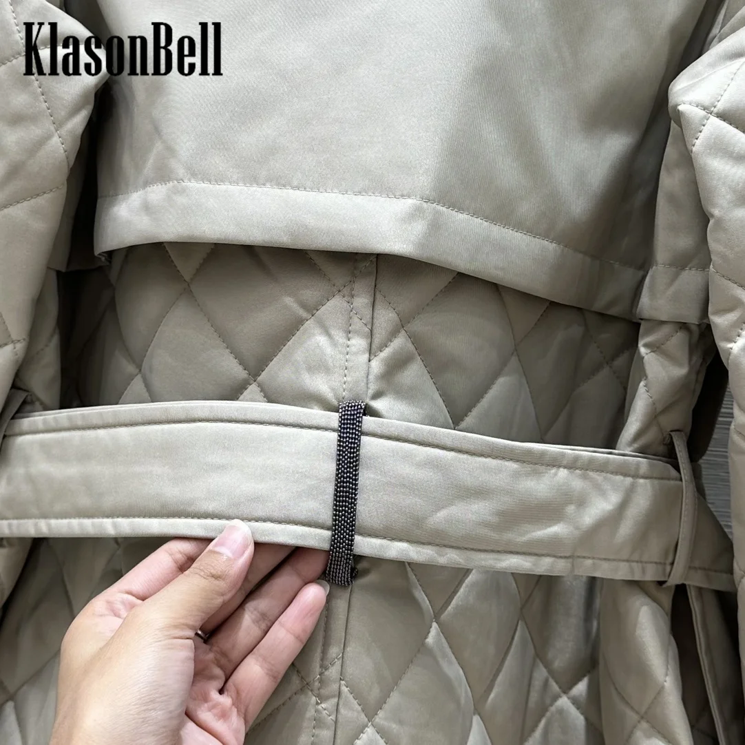 8.11 KlasonBell Women British Style Bead Chain Argyle Plaid Quilted Keep Warm Parkas Lapel Double Breasted Sashes Long Coat