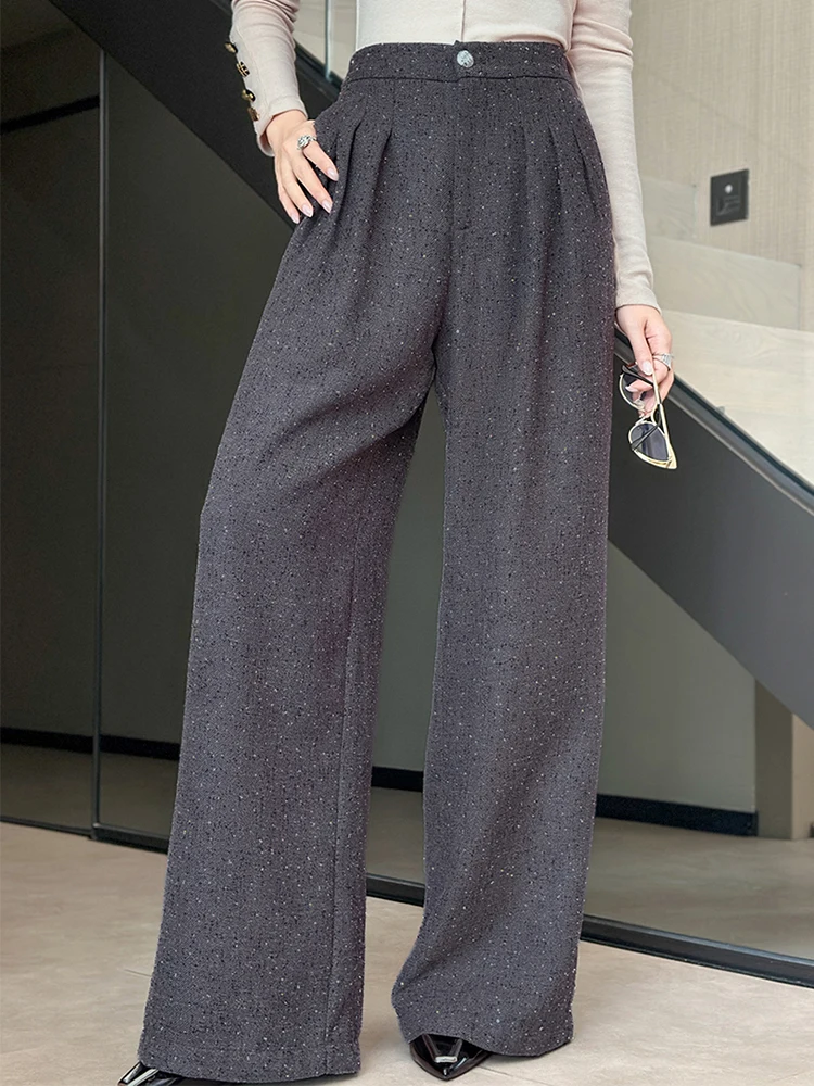 Fashion Business Formal Shiny Wide Leg Loose Long Pant Elegant Lady Mujer High Waist Folds Trousers Casual Women Street Clothes