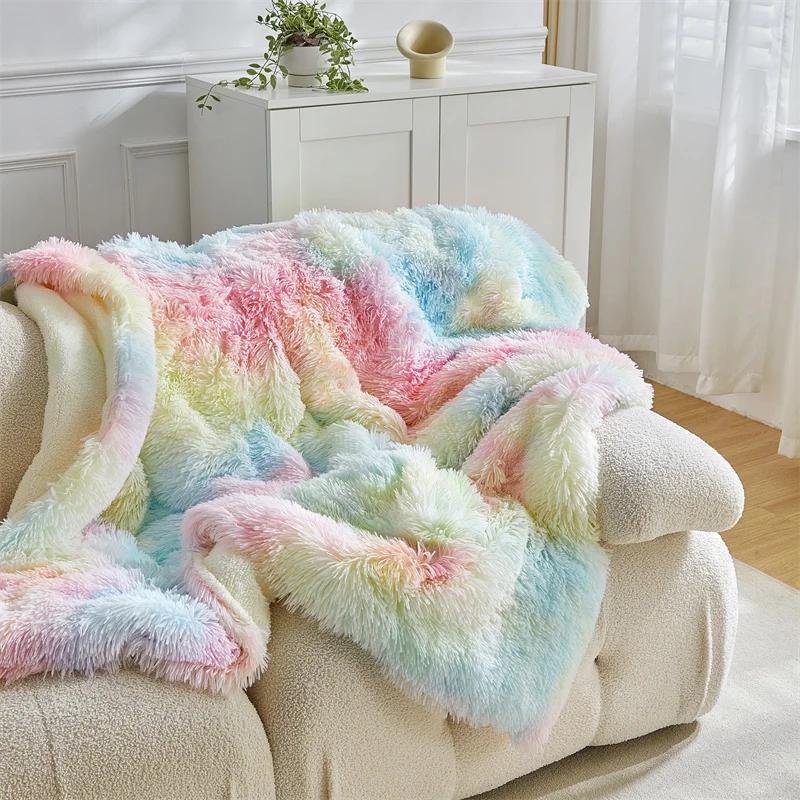 Long Hair Colorful Blur Throw Blankets Mink Hair+Imitation Lamb Cashmere AB Side, Thicken Warm Home Bed Cover Single Queen Size