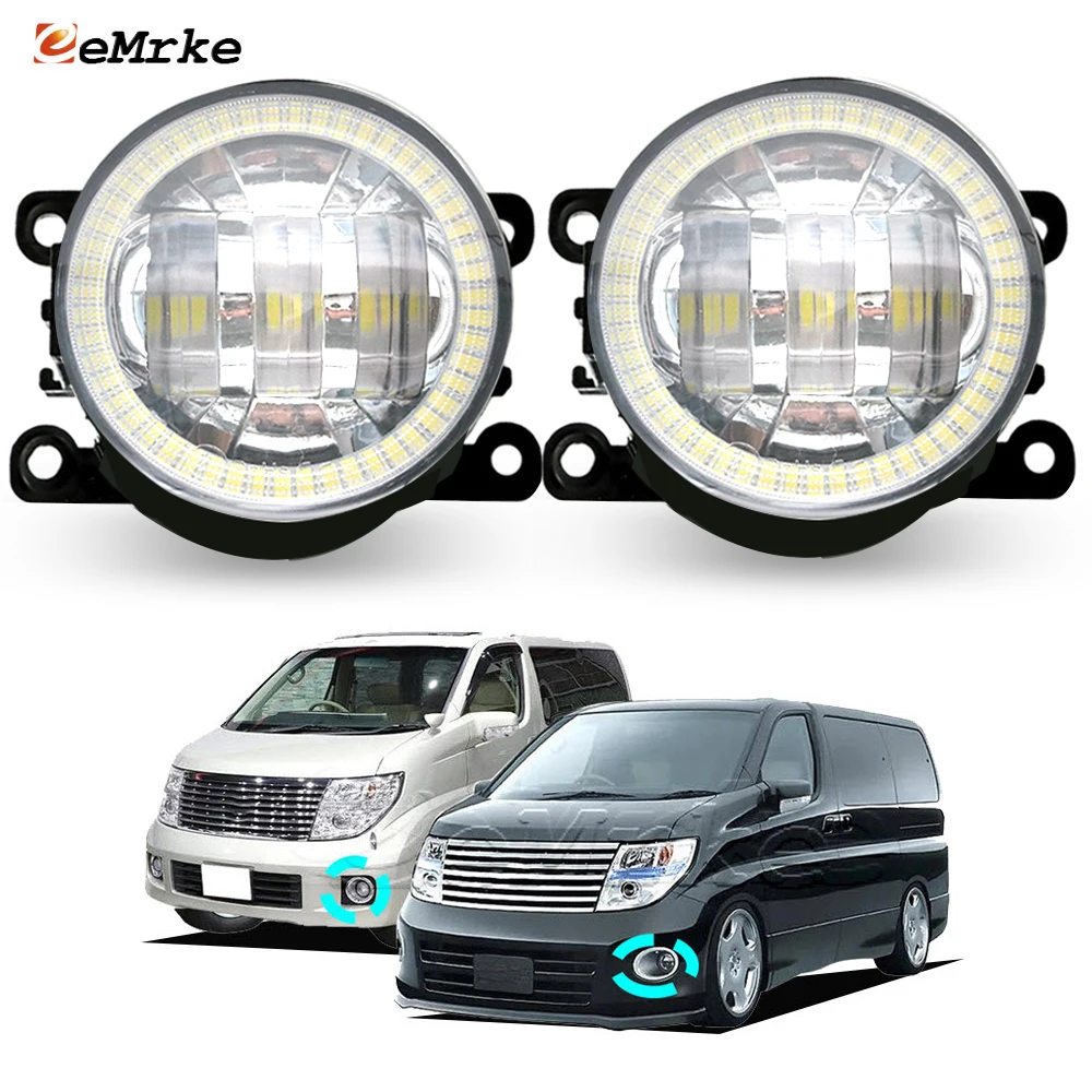 Pair LED Car Fog Lights Assembly for Nissan Elgrand Highway Star E51 2004-2010 with Lens Angel Eyes DRL Halo Ring Driving Lamp