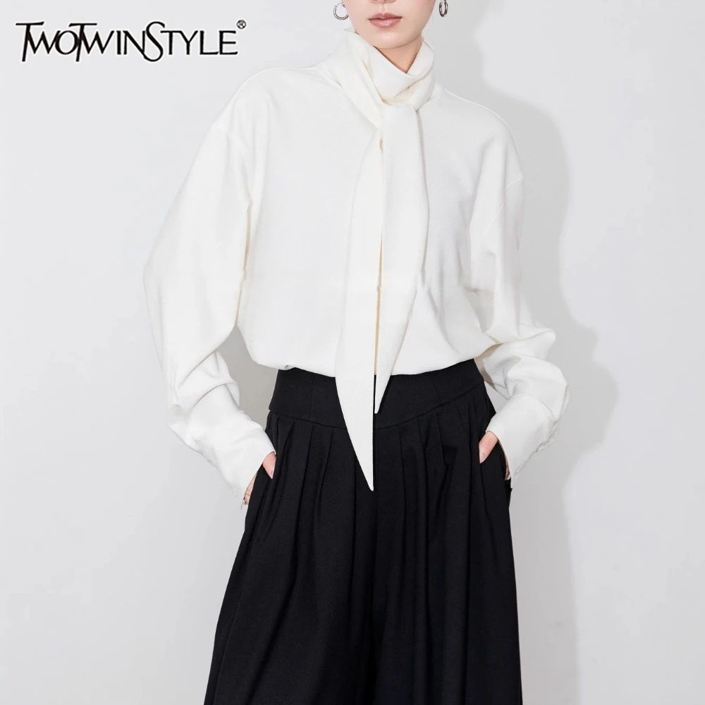 

TWOTWINSTYLE White Spliced Lace Up French Shirt Female Turtleneck Long Sleeve Loose Elegant Casual Women's Shirts Autumn Fashion